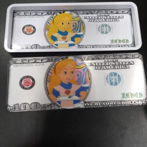 3D Large Metal Rolling Tray- 100 Dollar Bill Alice in WonderLand