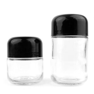 Child Resistant Clear Glass Dome Flint Jar with Black Lid 2oz. and 4oz.