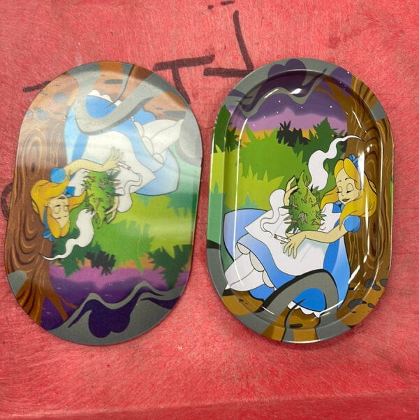 3D Mini Metal Rolling Tray- Alice and Wonderland Alice Smoking Under Tree